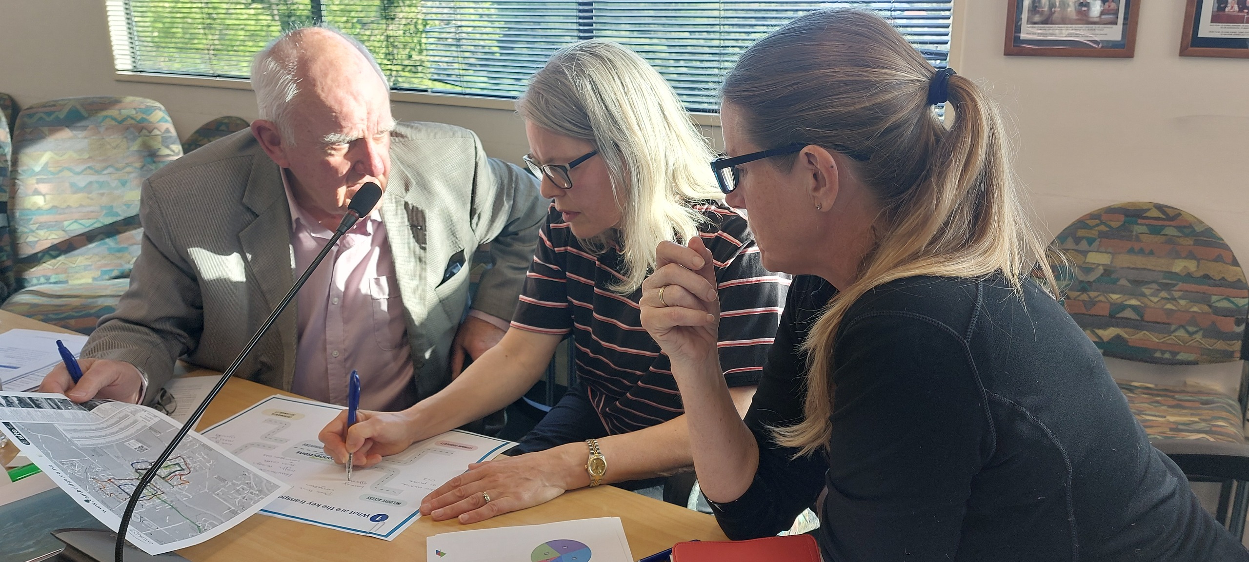 Reference Group members Peter Carr, Sharon Cresswell and Kellie Pearson, are part of a diverse group discussing transport issues.